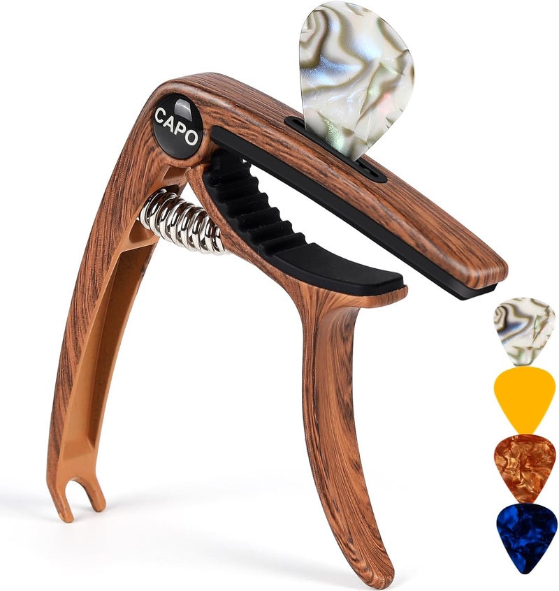 Aarvi 6-String Guitar Capo for Acoustic & Electric Guitars - Universal Clamp with 4 Premium Picks - Compatible with Ukulele, Banjo, Mandolin (Rosewood) - Image 1